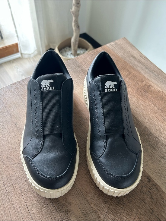 Sorel Shoes - Sorel Black Leather Slip-On Sneakers with Cream Platform Sole